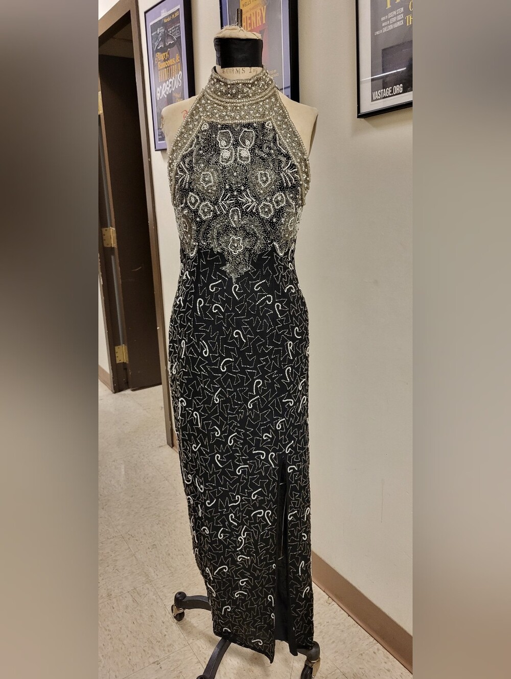 Laurence Kazar Vintage Black and Silver Beaded Halter Maxi Dress